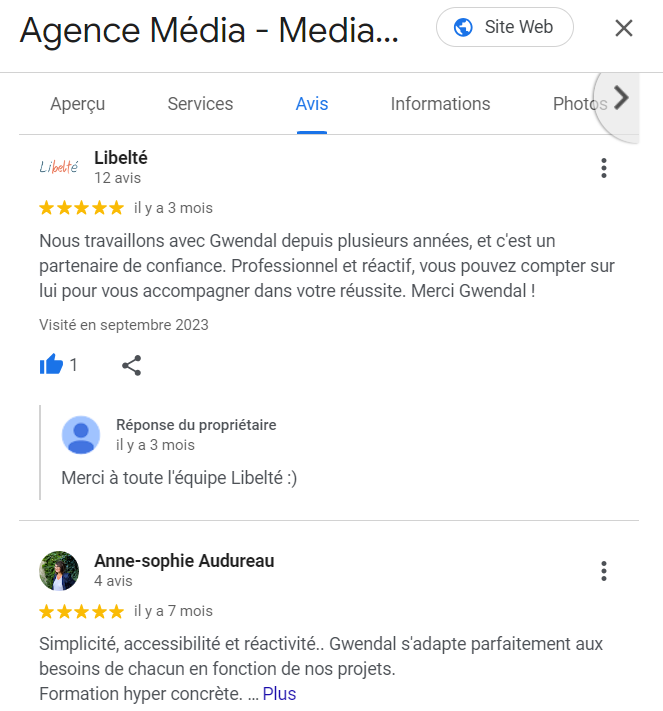Des avis Google sur Gwendal Cosson et son agence Agence Média.