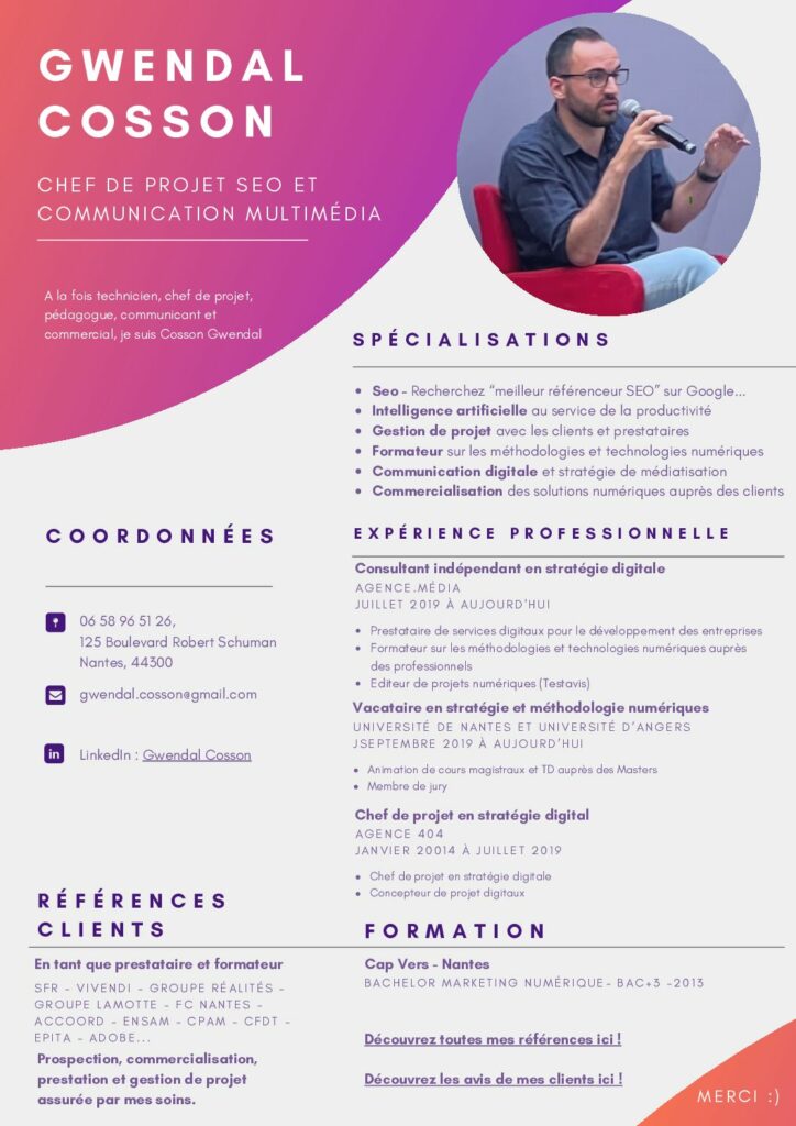 Le CV de Gwendal Cosson, référenceur Nantais d’Agence.Média, agence SEO à Nantes.