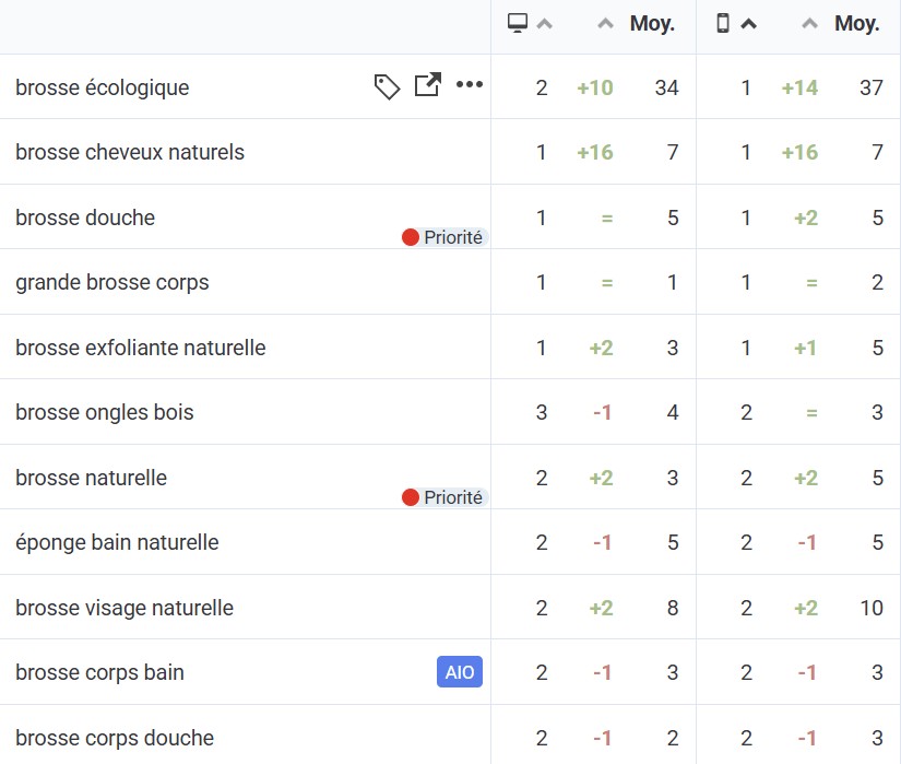 Exemple de stratégie de mots clé SEO et des gains de position obtenus.