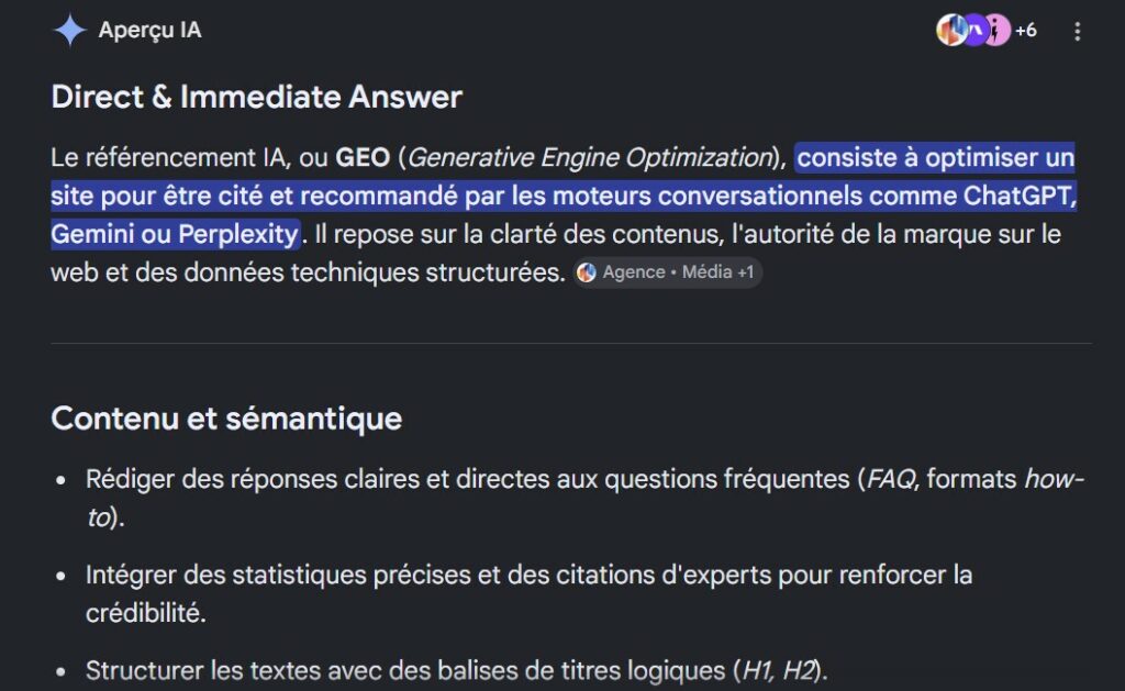 Le résultat généré via l'affichage IA (AI Overview) de Google sur le mot clé "référencement IA".